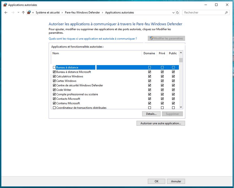 paramètre pare feu Windows